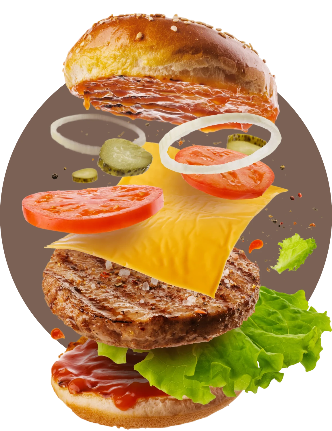 Deconstructed burger with toppings floating mid-air.